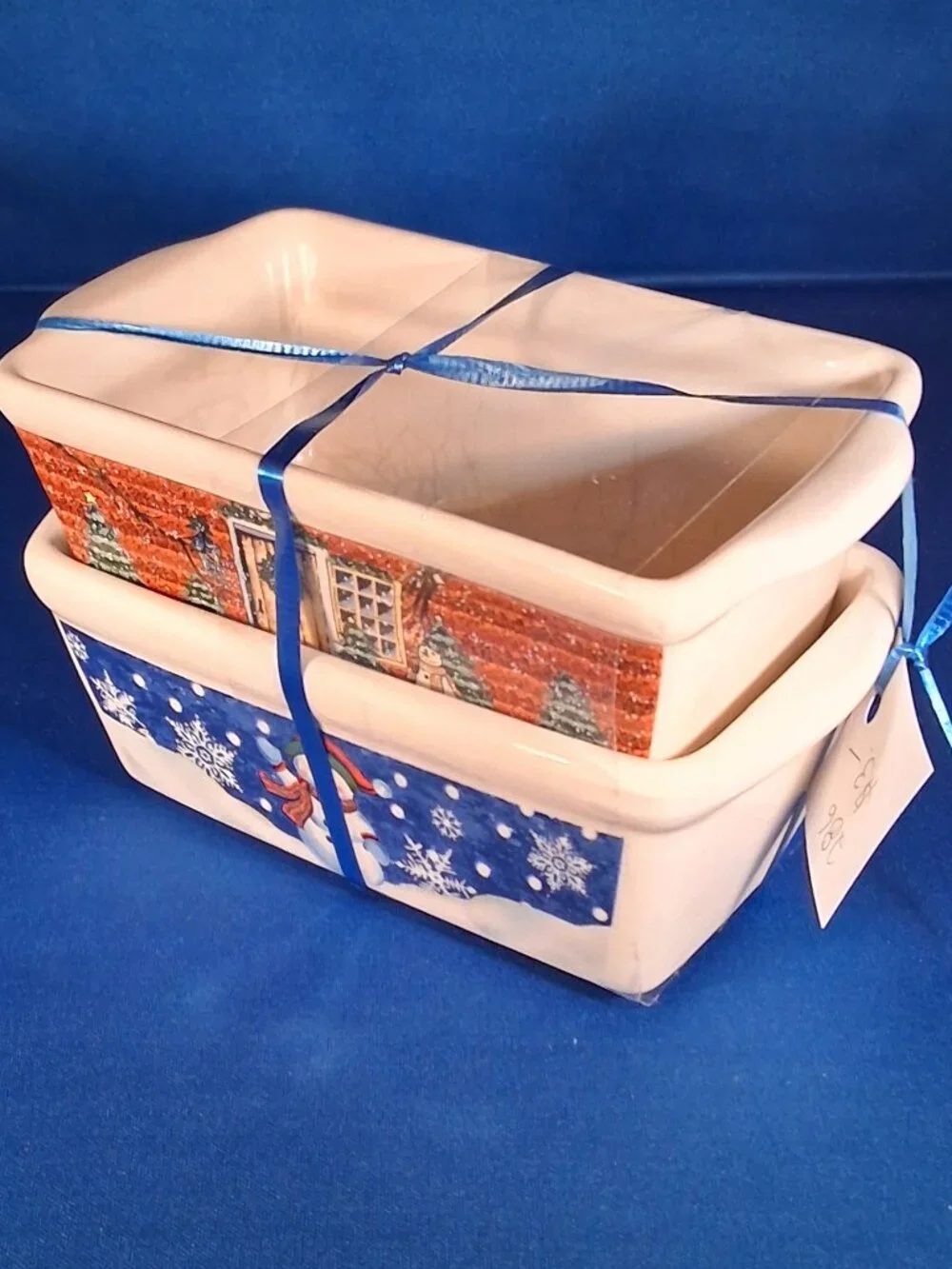 Century Ceramic Loaf Pan Baking Dishes Set of 2 • Christmas Snowman Winter Cabin
